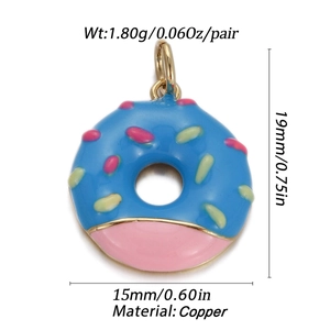 Detailed view of donut charm dimensions 19x15mm in pink and blue enamel copper