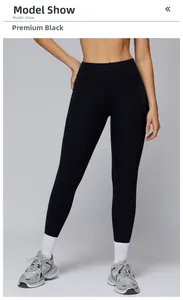 Detail view of high waisted black yoga pants with functional side pockets and matte texture