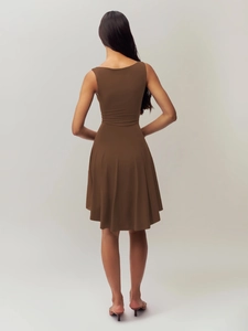 Back view of slim fit sleeveless brown dress showing elegant A-line silhouette
