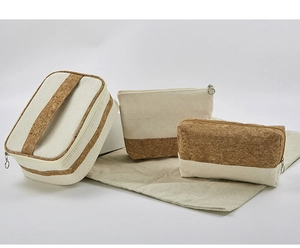 Three-piece eco-friendly cotton canvas and cork toiletry bag set in various sizes