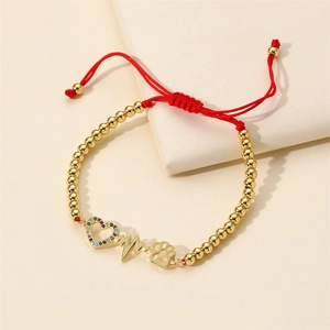 Adjustable gold bead bracelet with colorful zircon heart, heartbeat, and paw charms