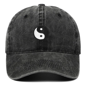 Classic black washed denim baseball cap featuring an embroidered Tai Chi Yin Yang symbol