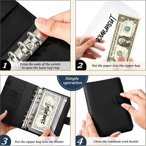 A6 black PU leather budget binder with 6-ring metal binder and zipper cash envelopes