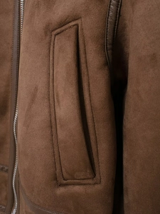 Giacca scamosciata marrone stile western con zip metallica e cuciture di precisione
