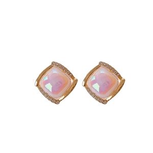 Elegant square stud earrings with iridescent stones and cubic zirconia on gold base