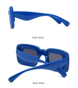 Side and back view of royal blue chunky square sunglasses with thick resin frames