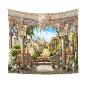 Wandteppich aus Polyester mit klassischer römischer Architektur und Blumenmotiven