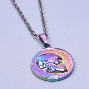 Macro detail of rainbow plated skull pendant necklace with iridescent metallic finish