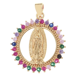 Religious Virgin Mary pendant with colorful zircon stones in gold plated finish
