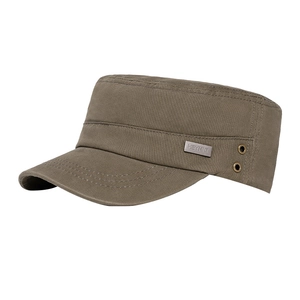 Army green washed cotton flat top military cap with breathable metal eyelets and side logo