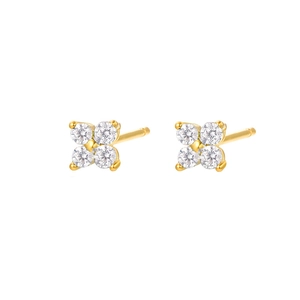 Elegant gold flower stud earrings featuring four round-cut zircons in a classic claw setting