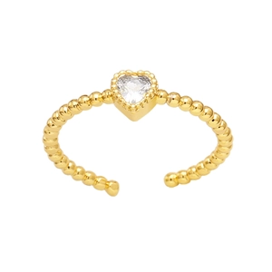 Minimalist gold heart ring with round bead texture and white zircon stone in center