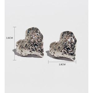 Silver liquid lava texture heart stud earrings with zircon stone size 1.6cm by 1.8cm