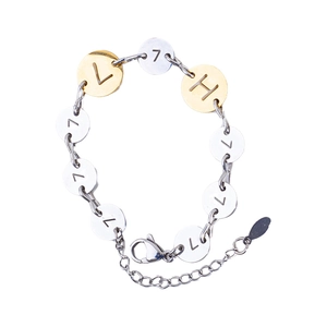 Bracciale a catena bicolore in acciaio inossidabile con ciondoli tondi incisi L H 7