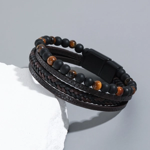 Men Multilayer Beaded Bracelet Natural Stone Volcanic Rock Tiger Eye Braided Leather With Magnetic Clasp Fashion Jewelry
