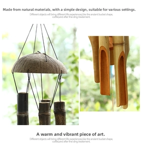Detail of handcrafted bamboo wind chime featuring natural coconut shell and wood tubes
