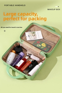 Detail view of fruit green 14 inch makeup suitcase with mesh pocket and large capacity