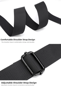 Detail of adjustable black nylon shoulder strap with high-density weave and plastic buckle