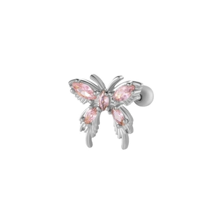 Piercing cartilage papillon élégant avec zircons roses et tige en acier argenté