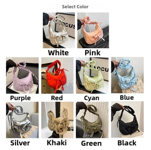 Detailed color selection showing various pleated crossbody bags with bow decorations