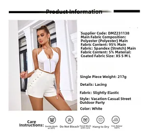 Detail view of white two-piece set featuring lace-up side shorts and V-neck halter top