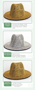 Detail of glittery rhinestones on the crown and brim of gold and silver fedora hats