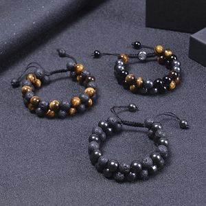 Men's double layer hand-woven bracelet set with lava rock, tiger eye stone and hematite beads