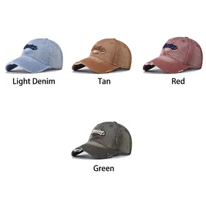 Vintage washed denim baseball cap with London embroidery and distressed ripped brim style