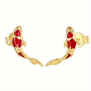 Elegant gold plated koi fish earrings with red enamel and sparkling zircon accents