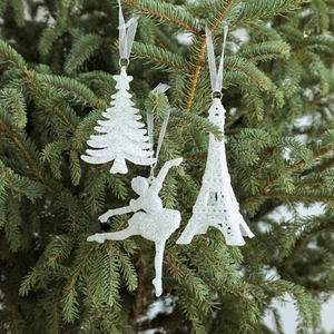 White glittery Christmas tree, ballerina and Eiffel tower hanging ornaments set