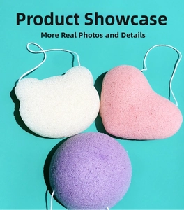 Macro view of multi-shaped konjac sponges with hanging ropes for facial cleansing