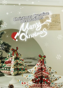 Detail of creative fabric Christmas tree ornaments with ribbons and golden bells