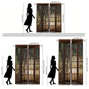Size chart for sunset forest landscape curtains with three height options in cm and inches