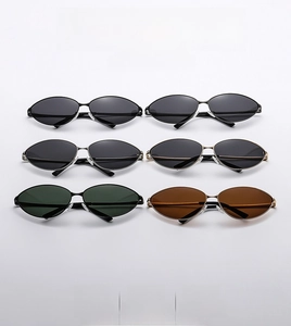 Matrix display of vintage narrow oval sunglasses in multiple metallic frames and lens colors