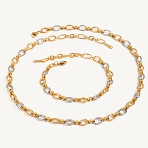 Luxury 18k gold plated stainless steel necklace and bracelet set with lobster clasp