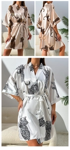 Detail of leopard print satin robes in champagne and white with kimono tie design
