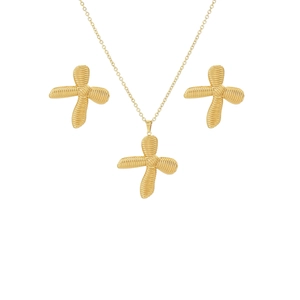 Golden heart-shaped textured jewelry set including necklace and earrings for women