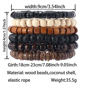 Detailed size and material specifications for multi-layer wood and coconut shell bracelets