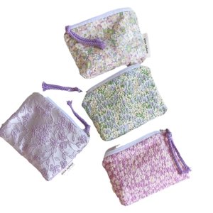 Mini porte-monnaie en coton à fleurs avec pompons violets et motifs brodés
