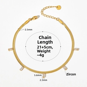Detail of 2.5mm gold snake chain bracelet with five rectangular zircon charms and dimensions