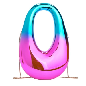 Oval acrylic clutch bag with blue and pink gradient design and metallic chain strap