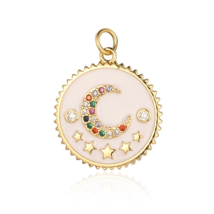 Detailed view of a gold circular moon and stars pendant with colorful zircon stones