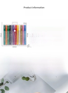 Detailed specs of 12-color acrylic nail paint markers with 0.7-2mm tip and PVC bag