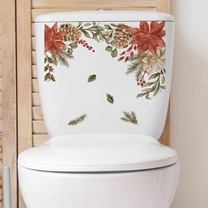 Stickers Noël Abattant WC PVC Amovible Autocollant Poinsettia Pomme De Pin Décoration Salle De Bain