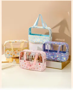 Detailed set of four transparent PVC toiletry bags with macaron floral prints and handles