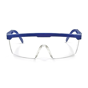 Detail view of blue frames and clear high-strength lenses on safety protective goggles