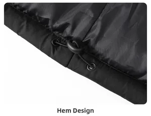 Detail of adjustable drawstring hem with black toggle and metal eyelets on winter vest