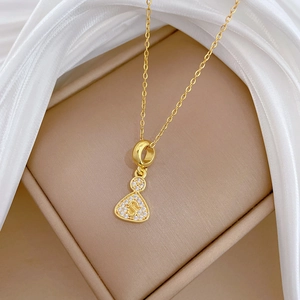 Elegant gold titanium steel gourd necklace with S letter pendant and pavé crystals