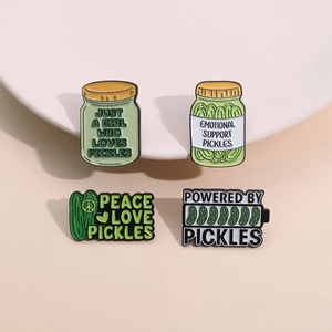 Set of 4 creative pickle enamel pins with green and yellow fun vegetable designs