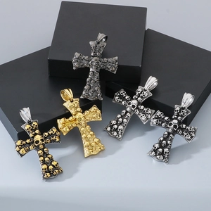 Gothic punk cross pendants with skull relief in gold, silver, and black stainless steel